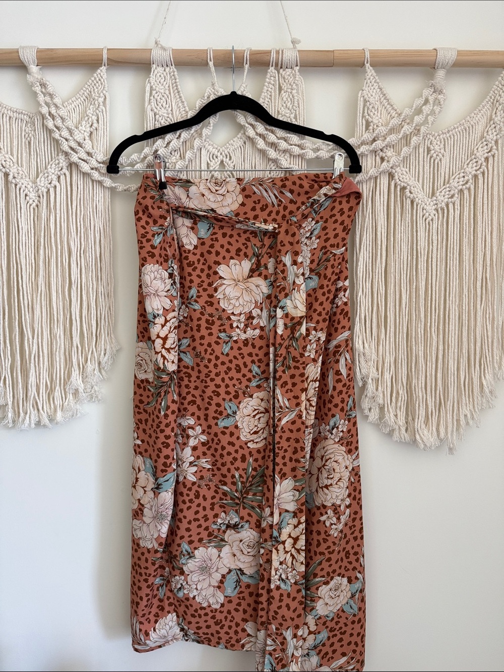New Floral Wrap Midi Skirt in Rust with Cream and Blue Accents